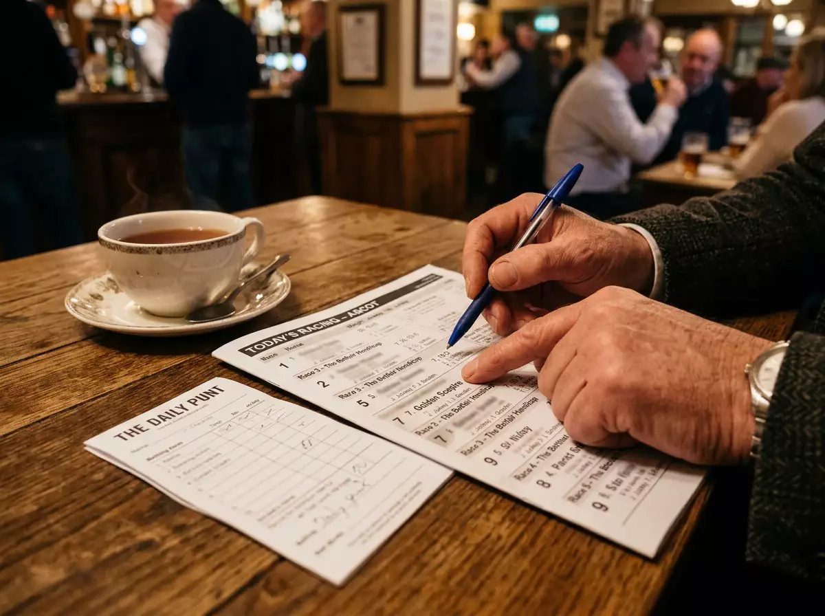 Close-up of a printed betting form and racecard on a desk next to a cup of tea