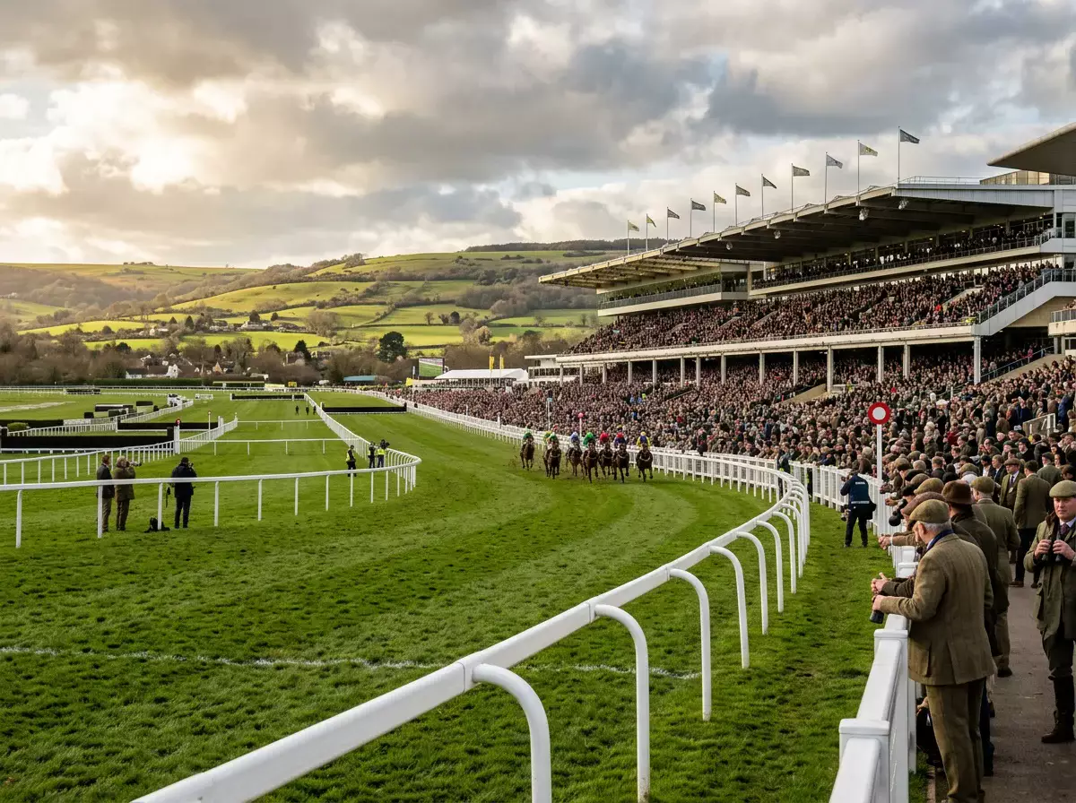 Cheltenham Festival 2026 racecourse with crowds and green turf on a sunny March day