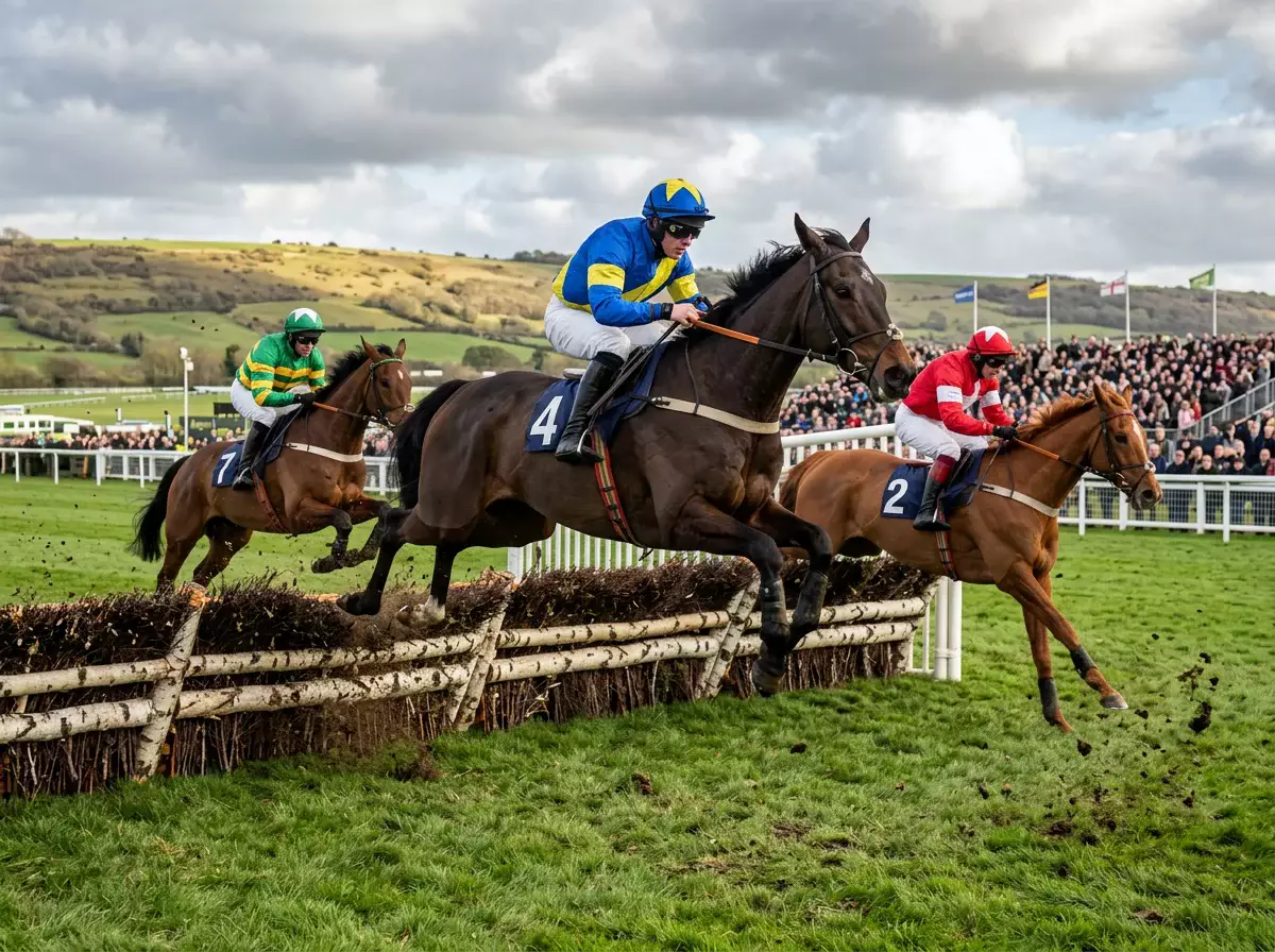 Jockeys racing over fences at Cheltenham during a competitive National Hunt steeplechase
