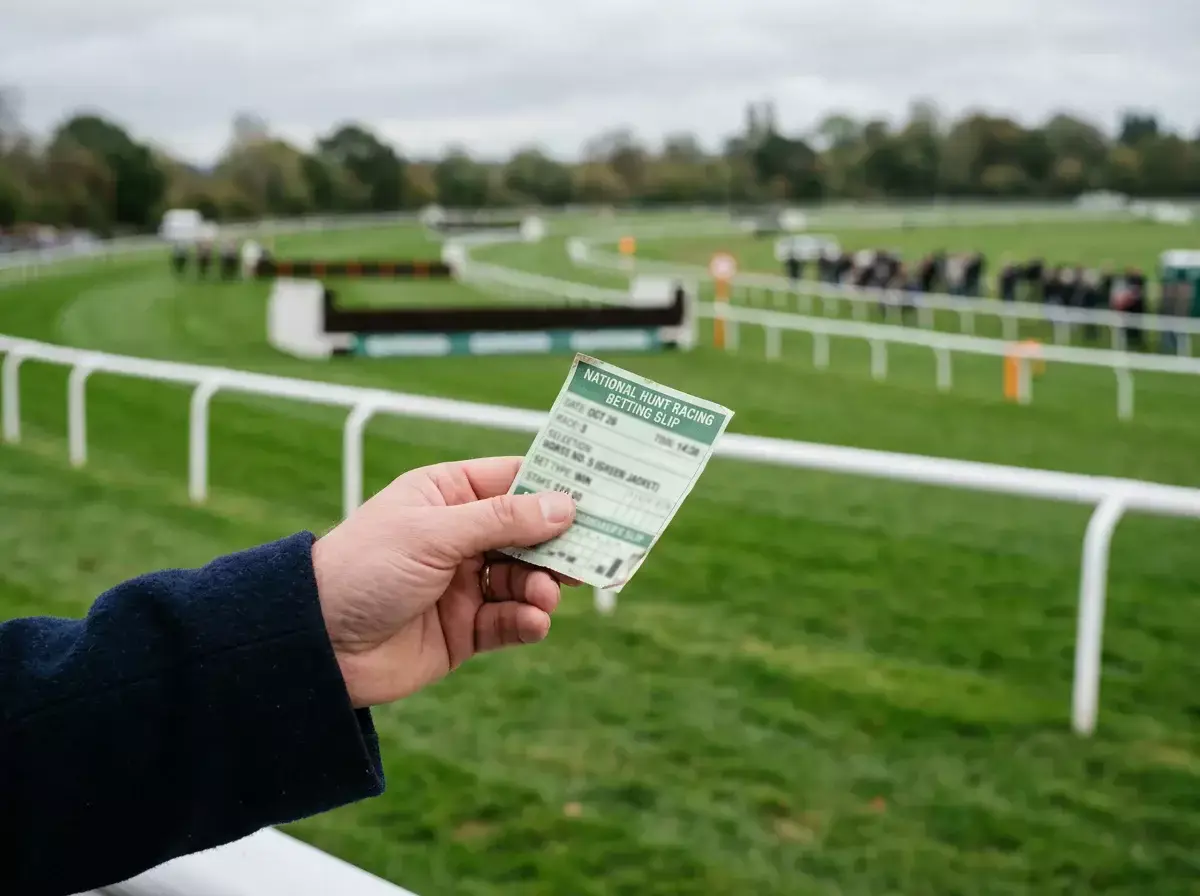 Hand holding a betting slip at a horse racing venue with the track visible in the background